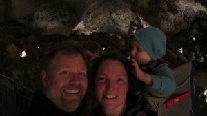 Hiking in the caverns. Alex is fixing our hair.