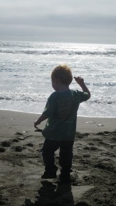 Alex waiting for a wave to come in so he can throw a rock into the ocean.