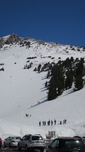 Ski and snowboarders at the Lassen trail head.