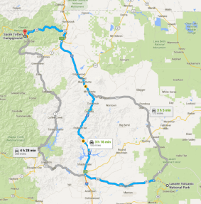 Route for Lassen Volcanic National Park to Sarah Totten Campground.